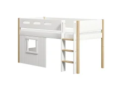 Clearance FLEXA Halvhøj Seng Med Lige Stige & Traehyttesengefronter, Hvid Ramme. White/Oak