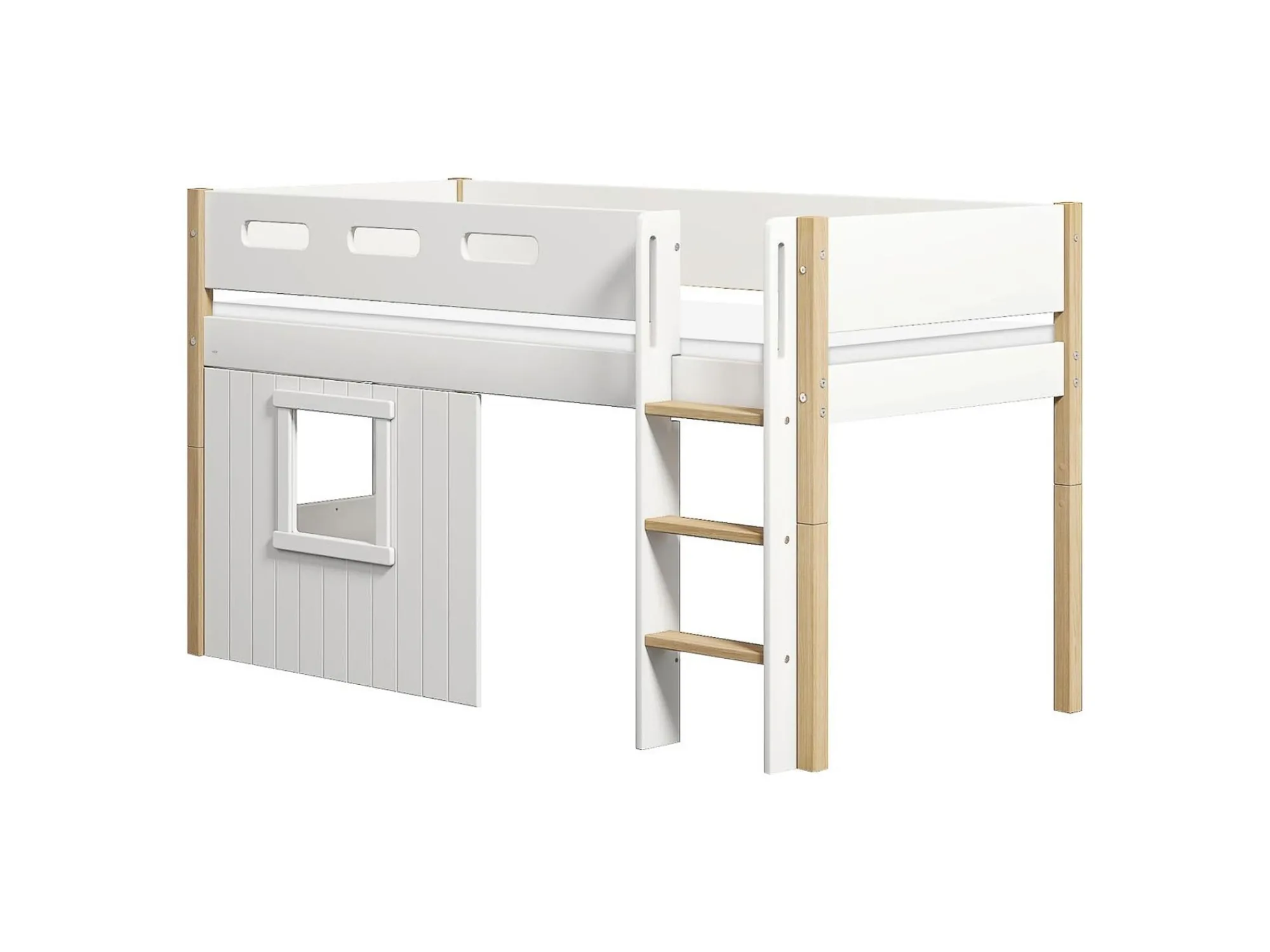 Clearance FLEXA Halvhøj Seng Med Lige Stige & Traehyttesengefronter, Hvid Ramme. White/Oak