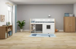 Clearance FLEXA Halvhøj Seng Med Lige Stige & Traehyttesengefronter, Hvid Ramme. White/Oak