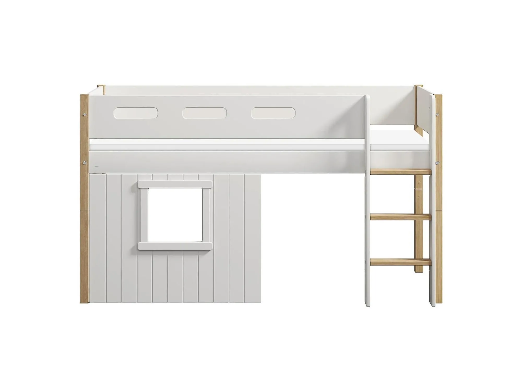 Clearance FLEXA Halvhøj Seng Med Lige Stige & Traehyttesengefronter, Hvid Ramme. White/Oak