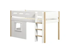 Clearance FLEXA Halvhøj Seng Med Lige Stige & Traehyttesengefronter, Hvid Ramme. White/Oak