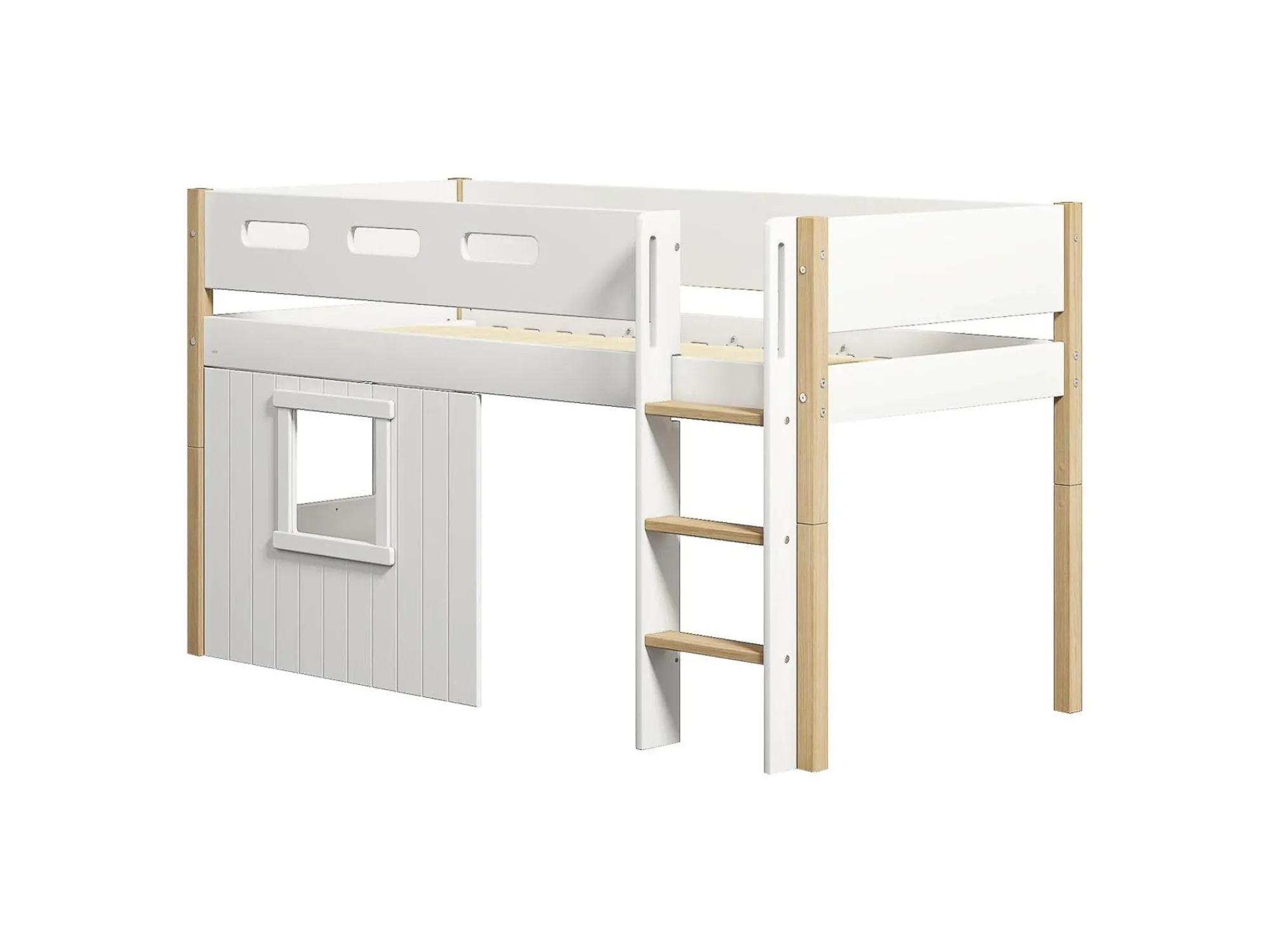 Clearance FLEXA Halvhøj Seng Med Lige Stige & Traehyttesengefronter, Hvid Ramme. White/Oak