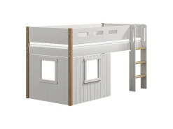 Clearance FLEXA Halvhøj Seng Med Lige Stige & Traehyttesengefronter, Hvid Ramme. White/Oak