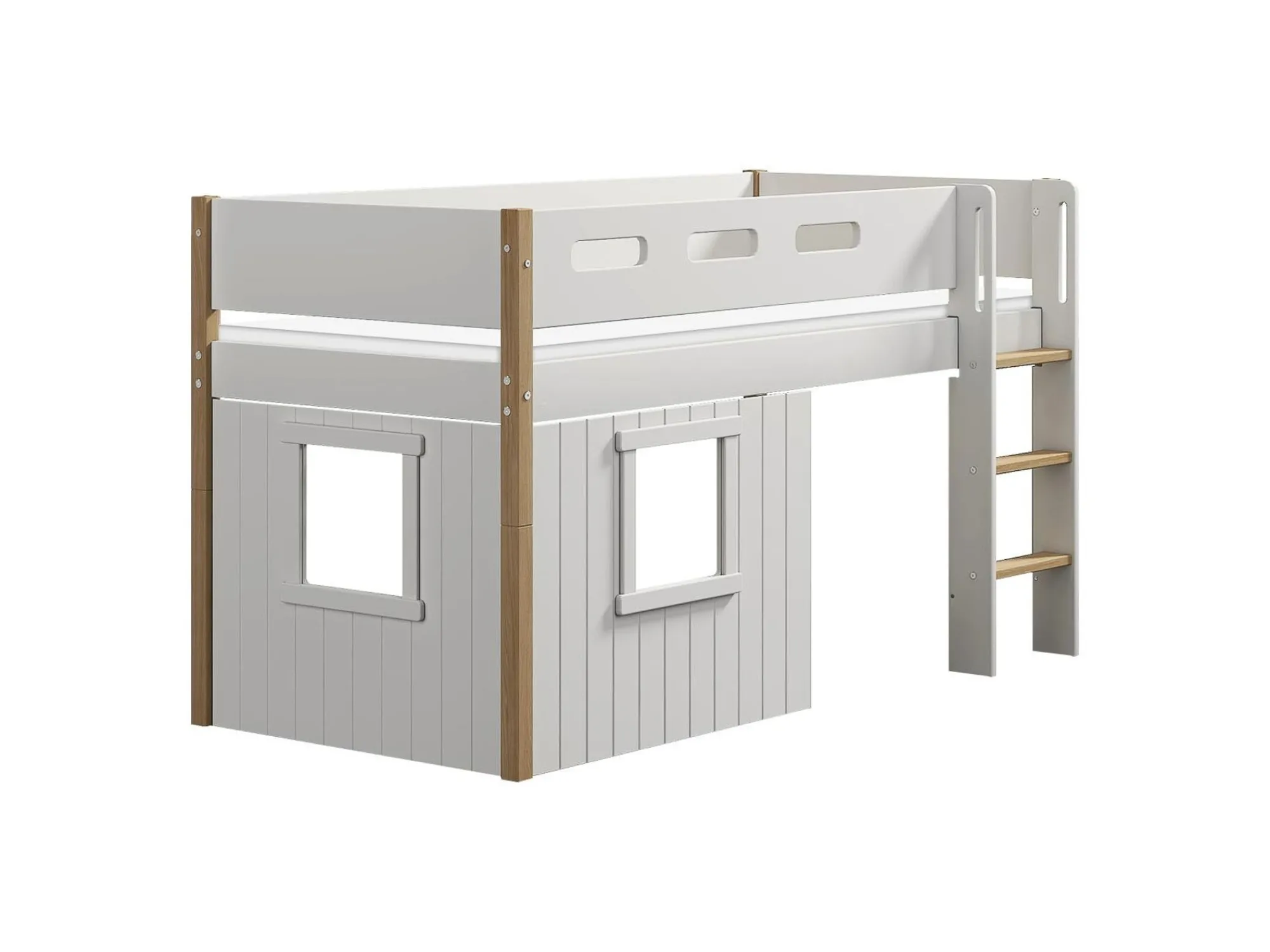 Clearance FLEXA Halvhøj Seng Med Lige Stige & Traehyttesengefronter, Hvid Ramme. White/Oak