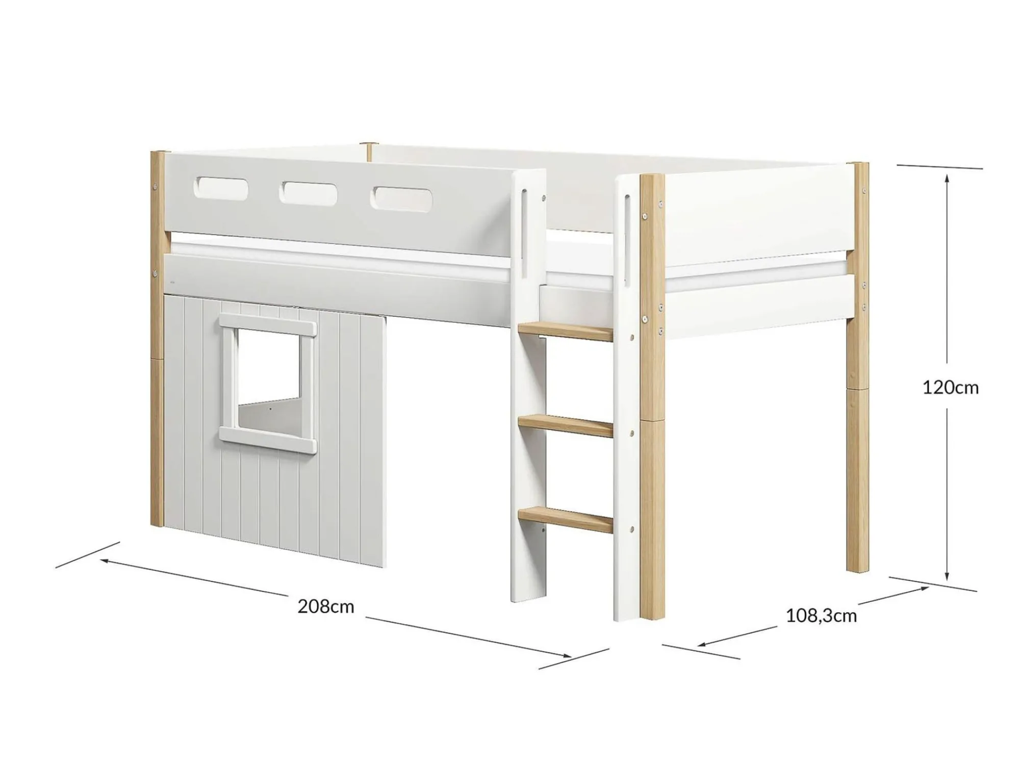 Clearance FLEXA Halvhøj Seng Med Lige Stige & Traehyttesengefronter, Hvid Ramme. White/Oak