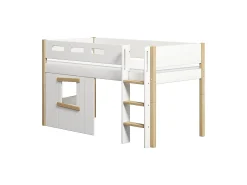 New FLEXA Halvhøj Seng Med Lige Stige & Traehyttesengefronter, Egetraesramme. White/Oak
