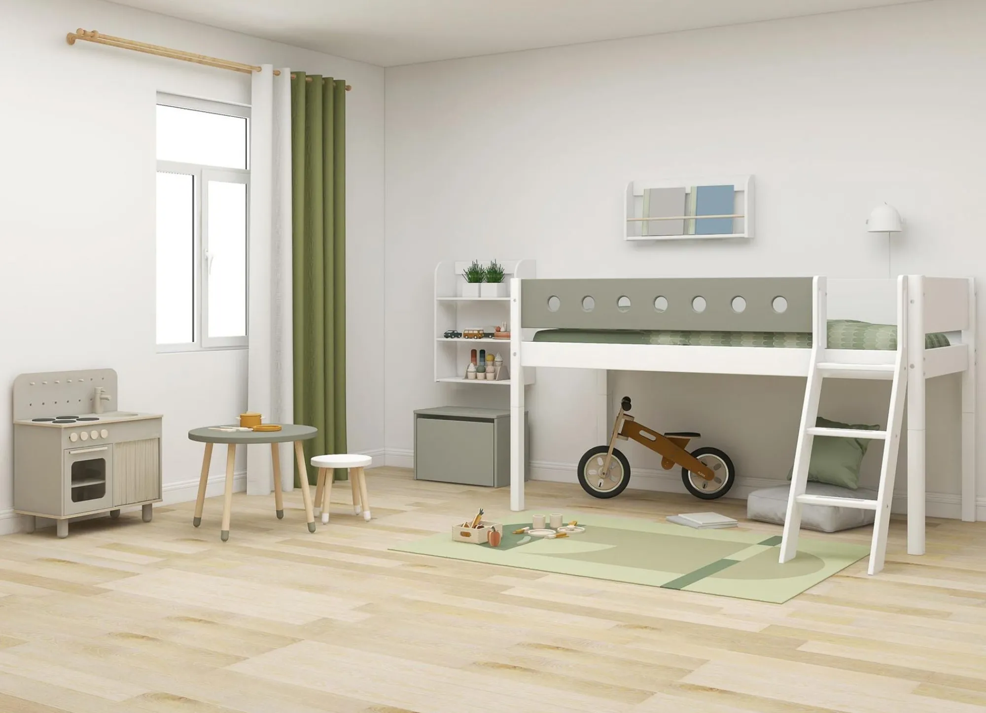 Best Sale FLEXA Halvhøj Seng Med Skra Stige White/Natural Green