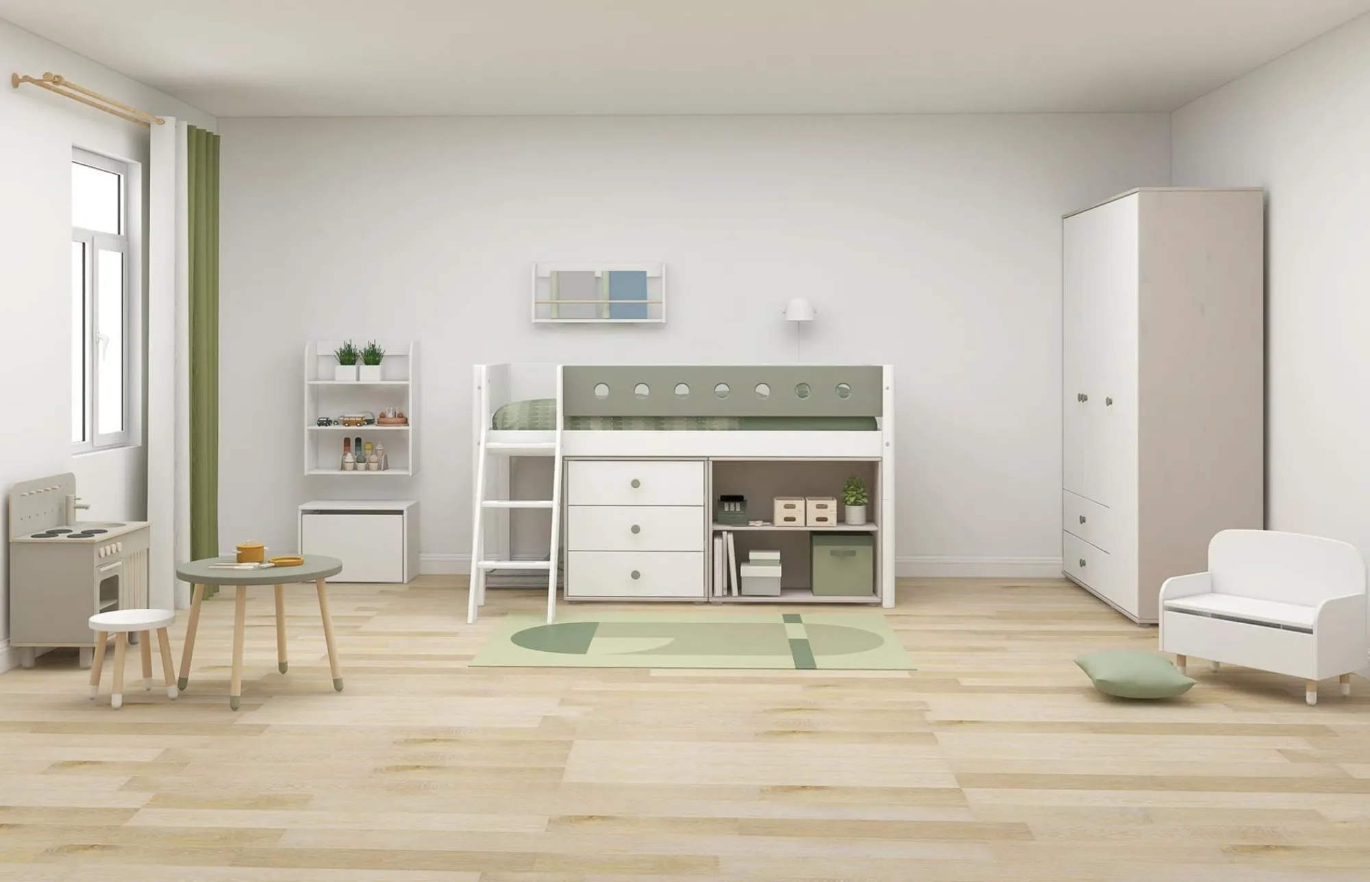 Best Sale FLEXA Halvhøj Seng Med Skra Stige White/Natural Green