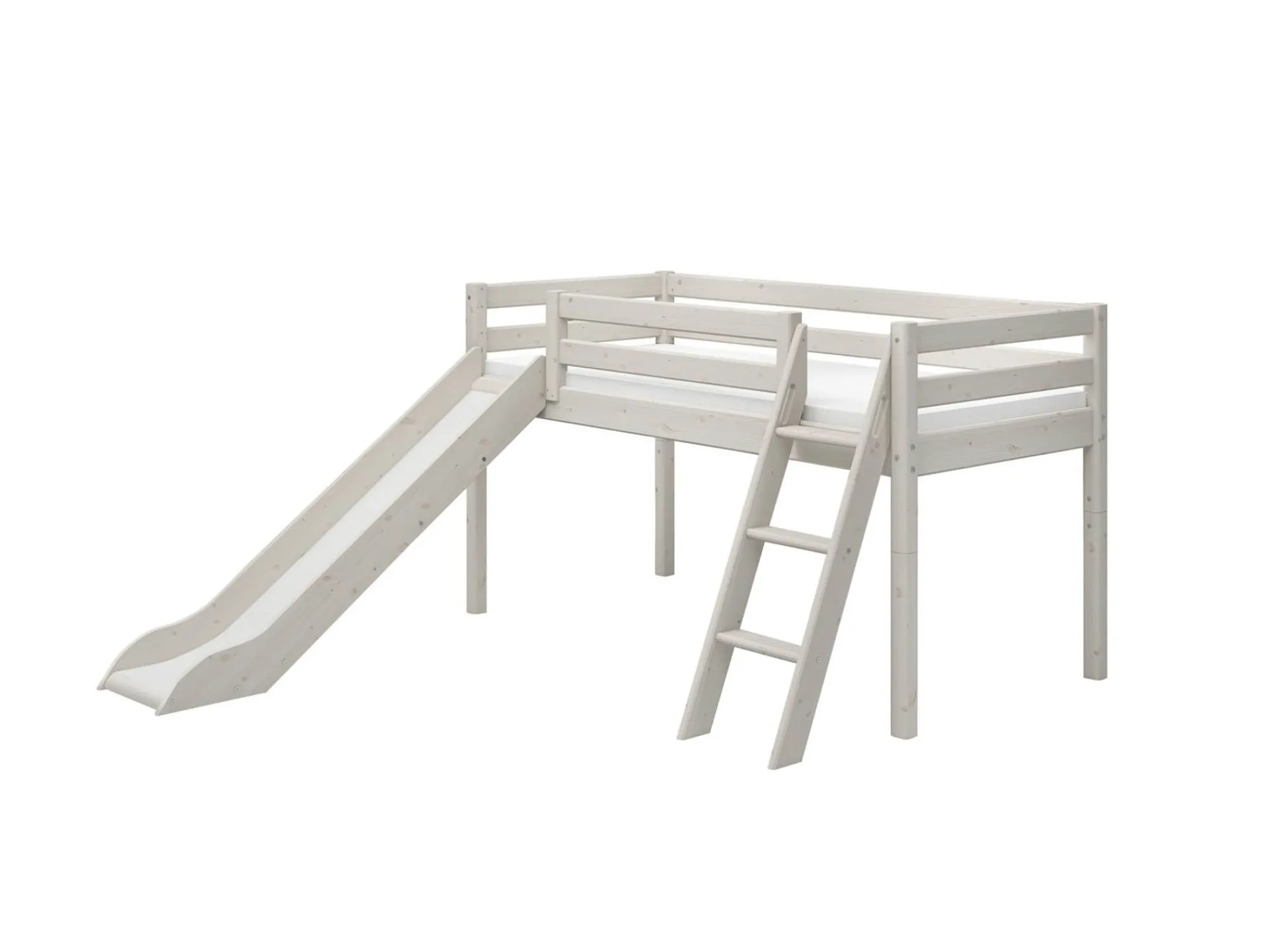 Best FLEXA Halvhøj Seng Med Skra Stige Og Rutsjebane White Washed Pine