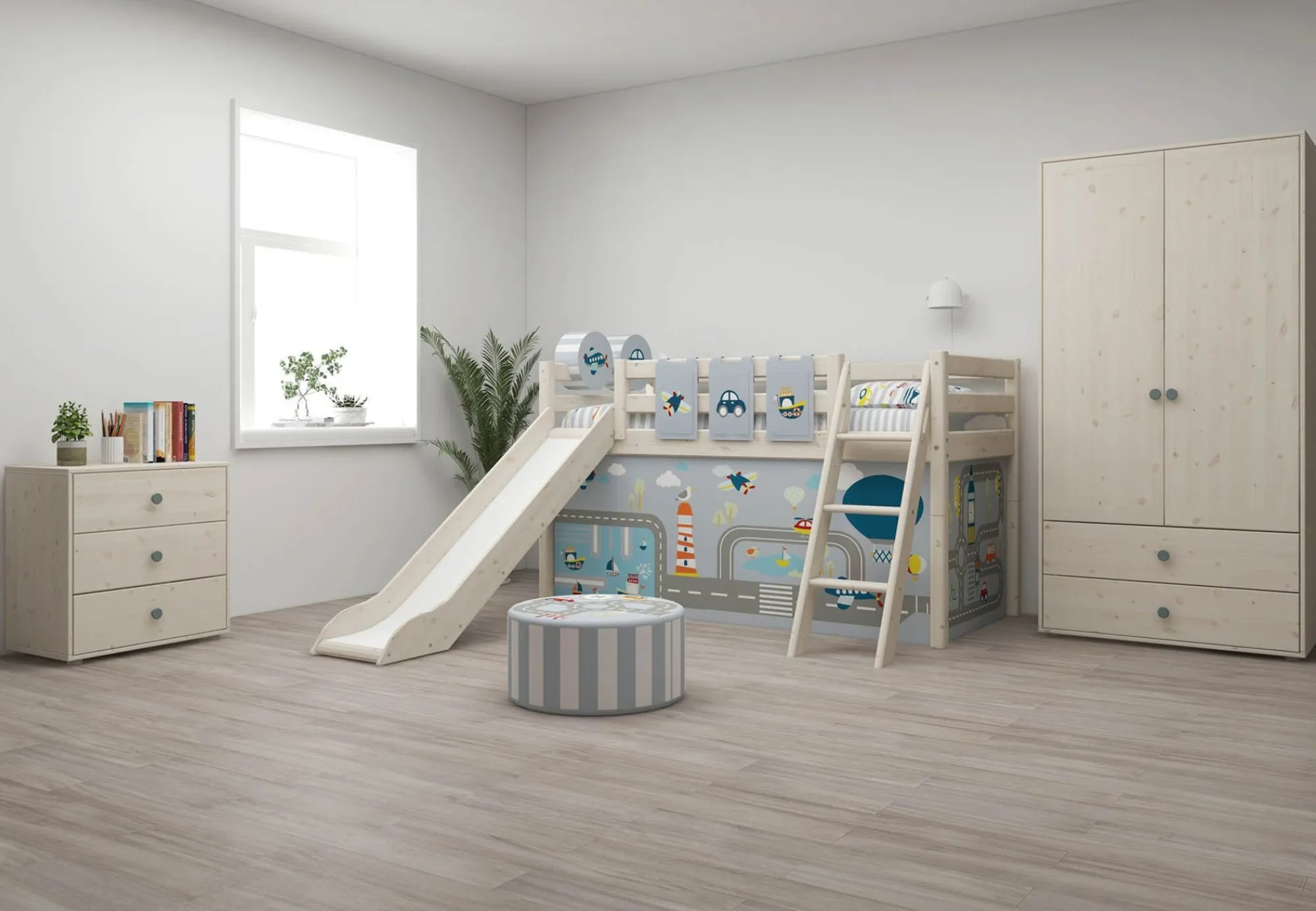 Best FLEXA Halvhøj Seng Med Skra Stige Og Rutsjebane White Washed Pine