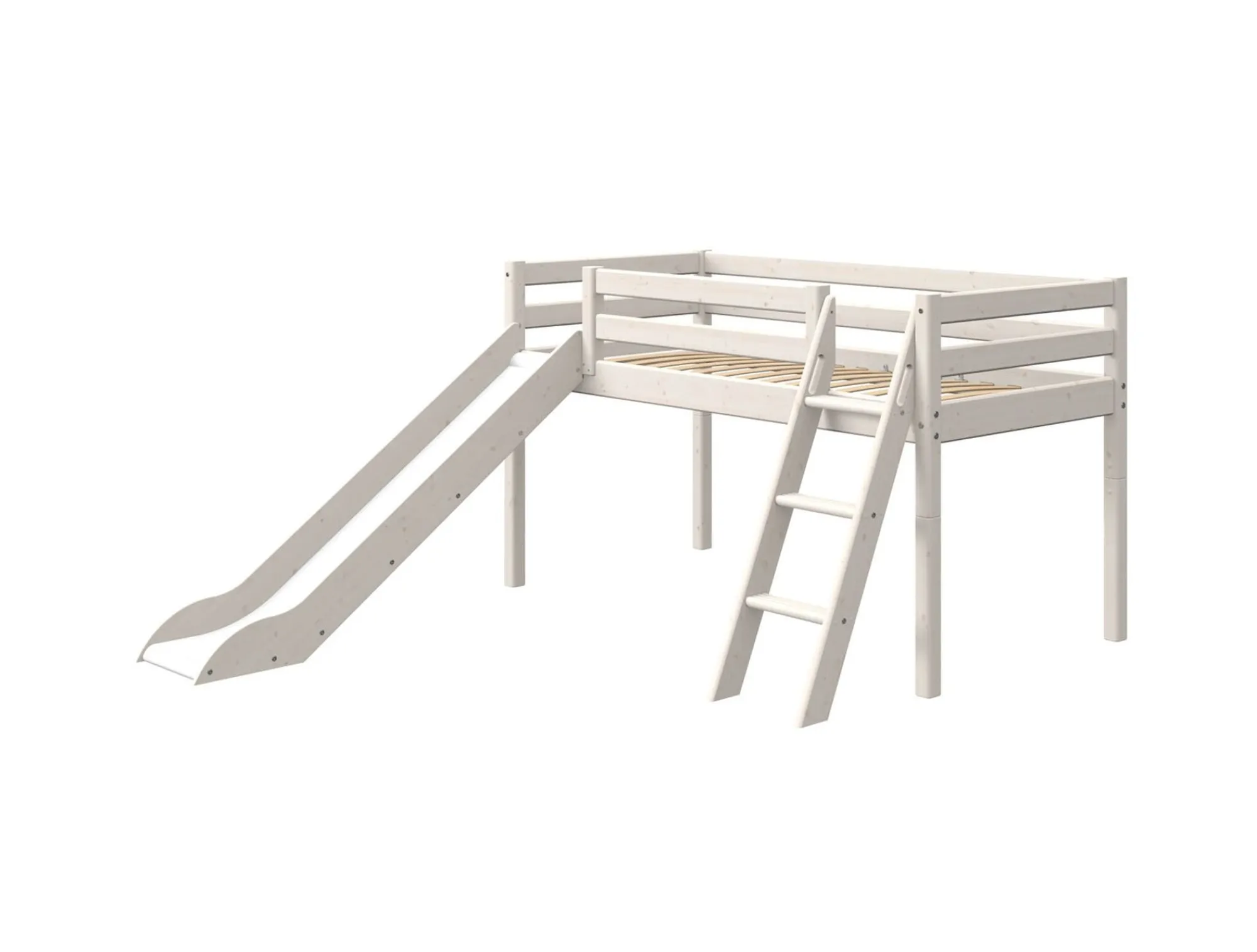 Best FLEXA Halvhøj Seng Med Skra Stige Og Rutsjebane White Washed Pine