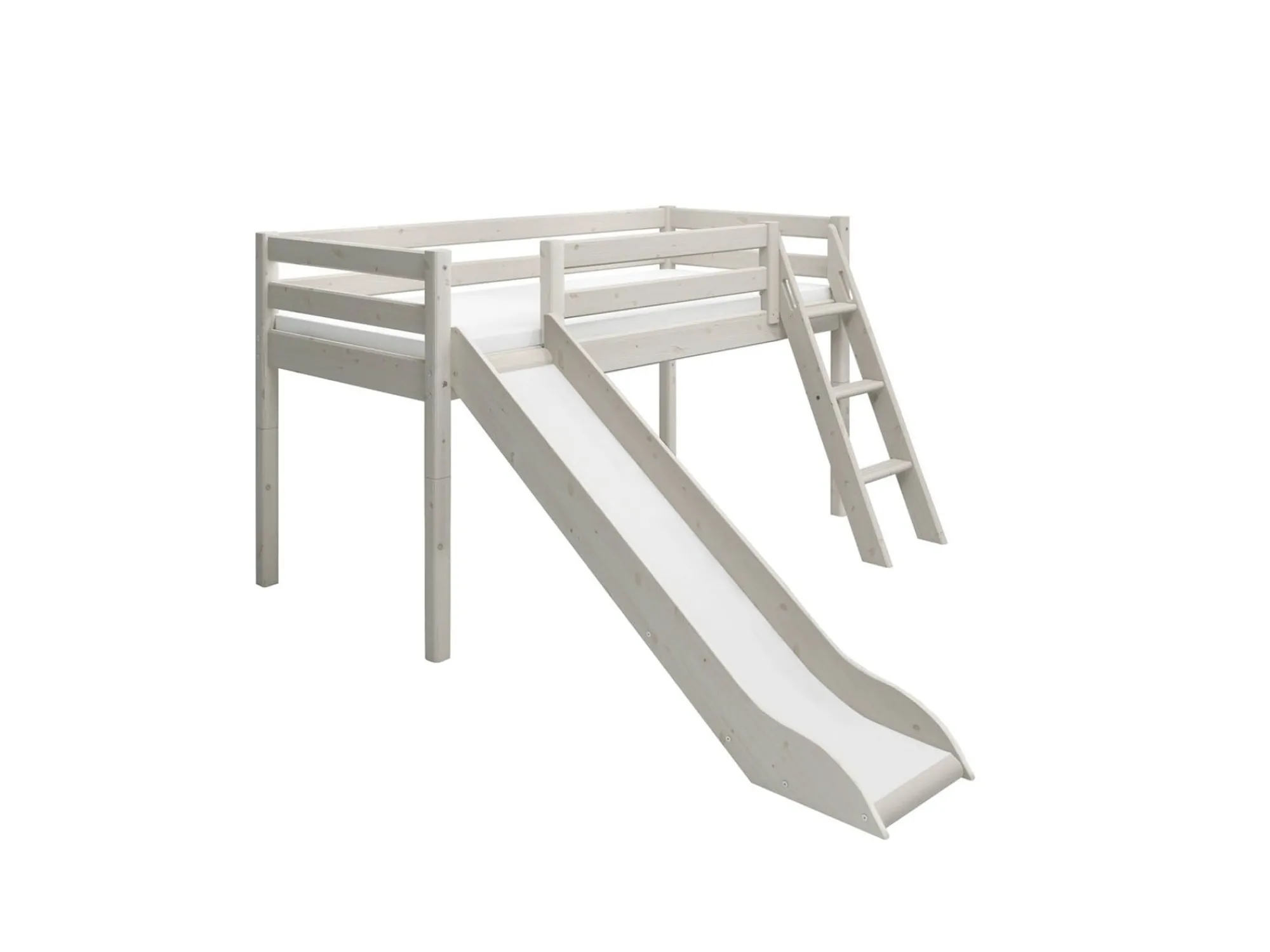 Best FLEXA Halvhøj Seng Med Skra Stige Og Rutsjebane White Washed Pine
