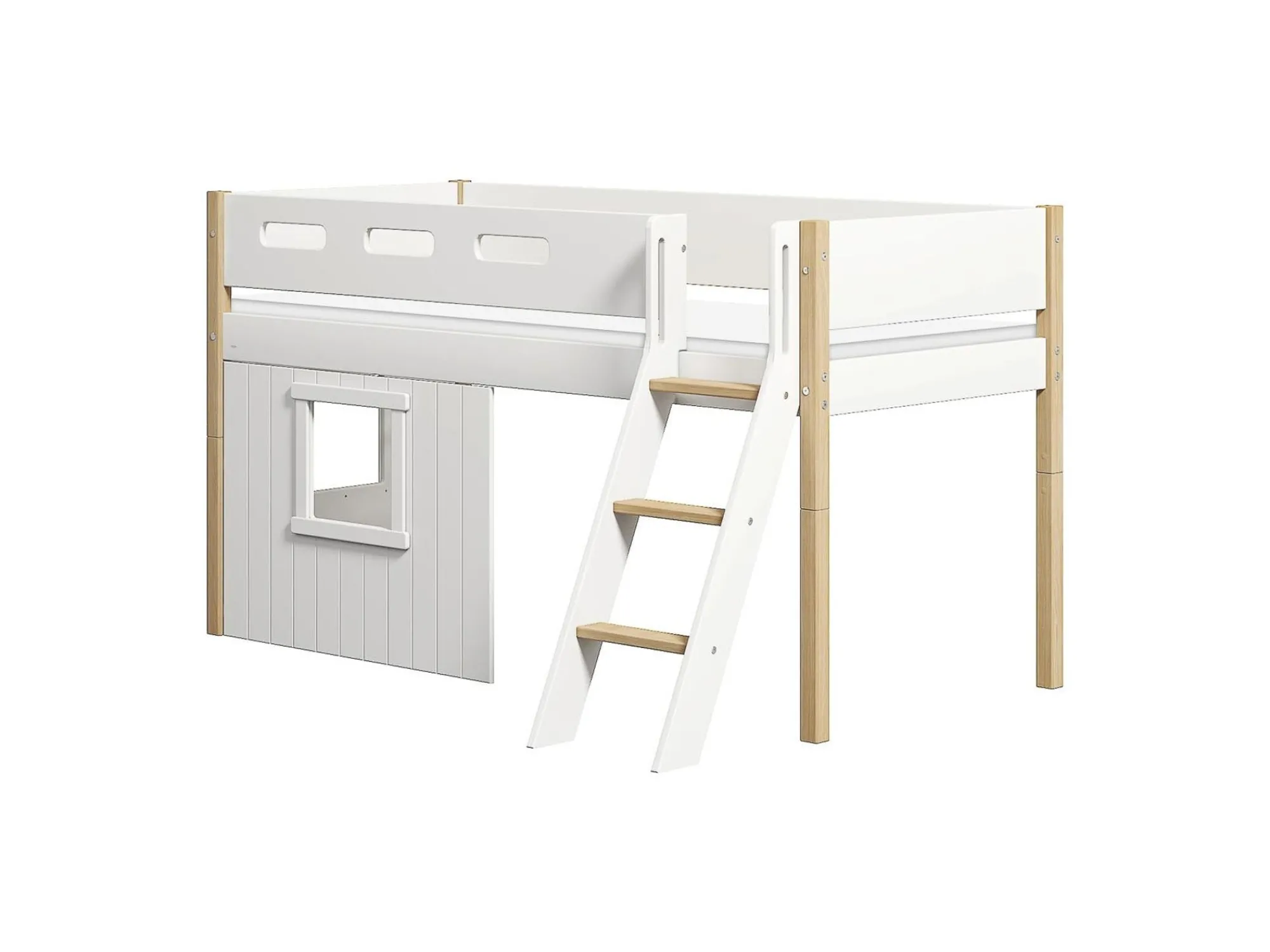 Best FLEXA Halvhøj Seng Med Skra Stige & Sengefronter, Hvid Ramme. White/Oak