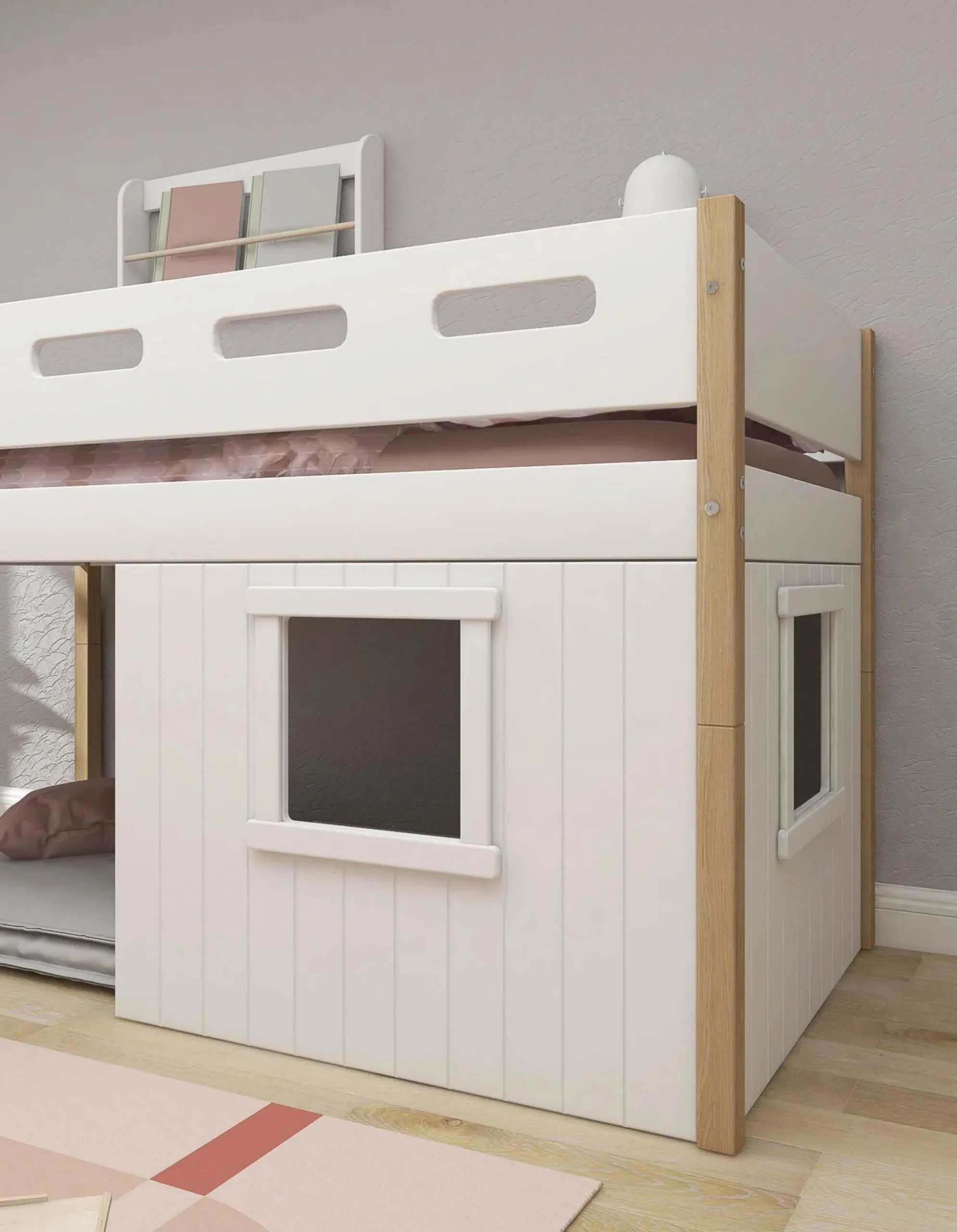 Best FLEXA Halvhøj Seng Med Skra Stige & Sengefronter, Hvid Ramme. White/Oak