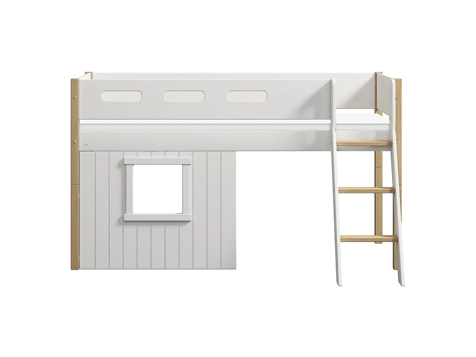 Best FLEXA Halvhøj Seng Med Skra Stige & Sengefronter, Hvid Ramme. White/Oak