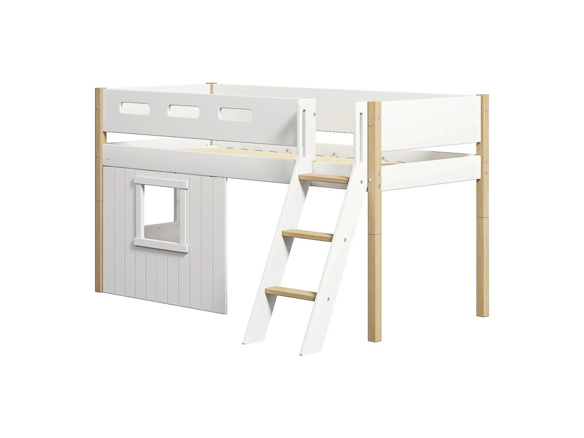 Best FLEXA Halvhøj Seng Med Skra Stige & Sengefronter, Hvid Ramme. White/Oak