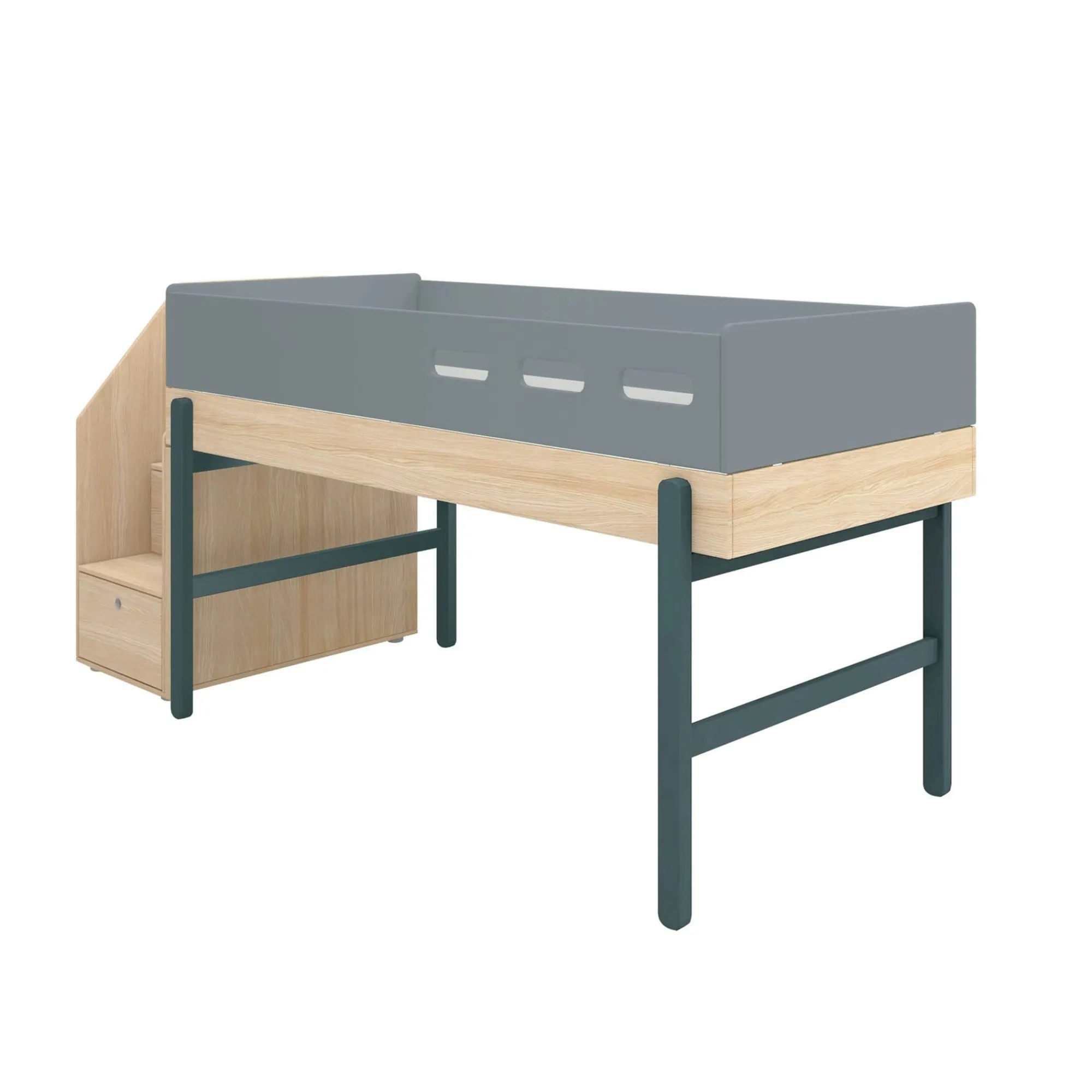 Clearance FLEXA Halvhøj Seng Med Trappe Blueberry/Oak