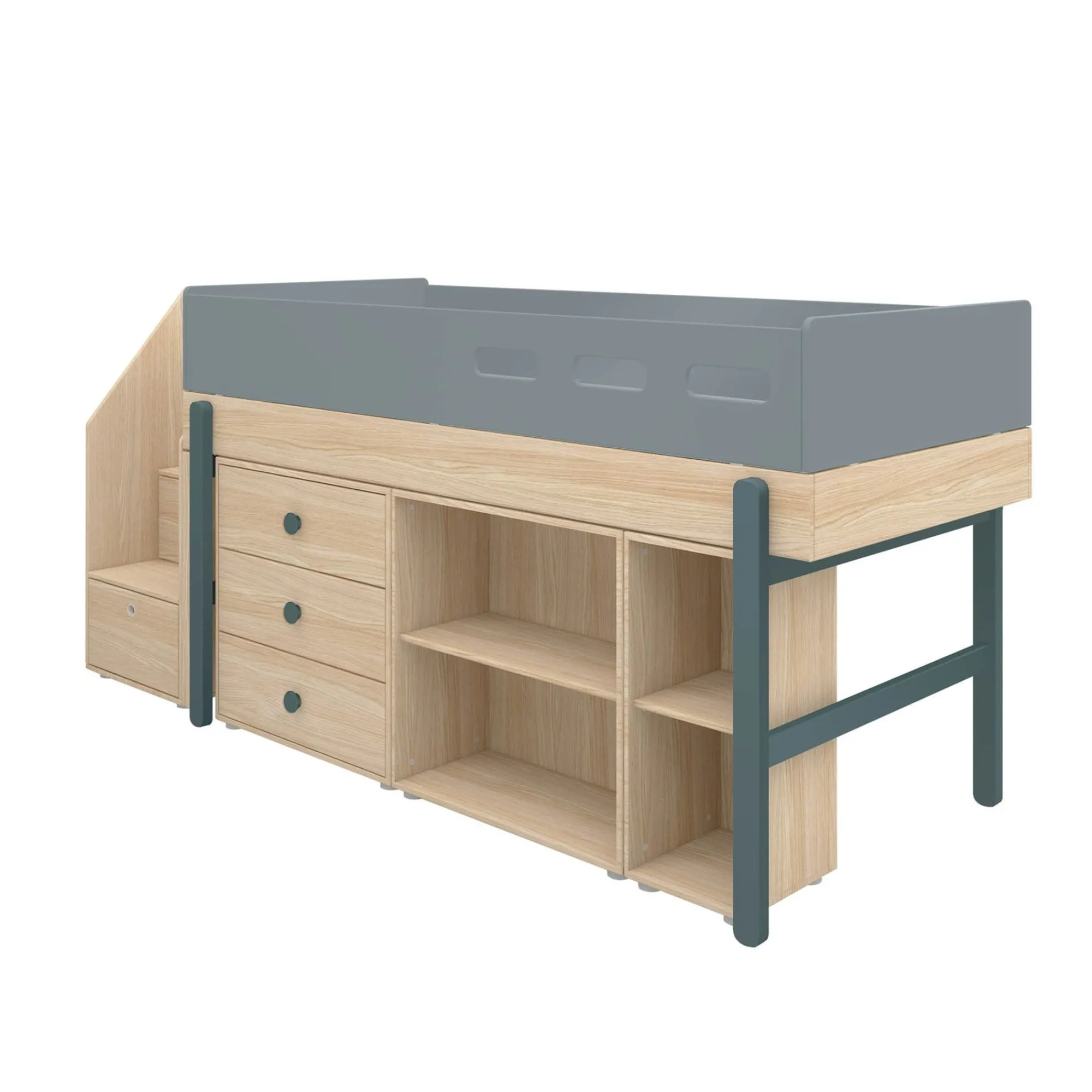 Clearance FLEXA Halvhøj Seng Med Trappe Blueberry/Oak