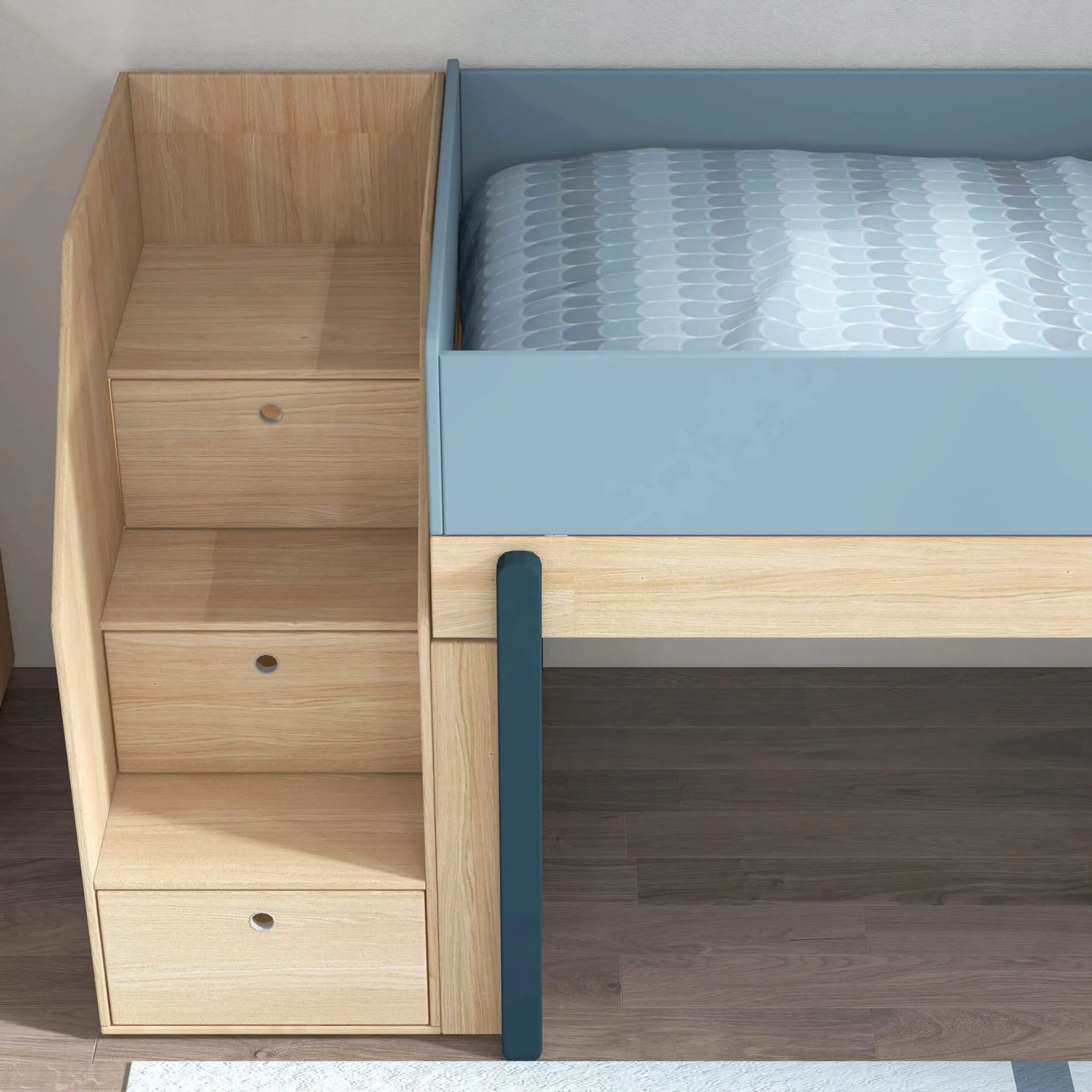 Clearance FLEXA Halvhøj Seng Med Trappe Blueberry/Oak