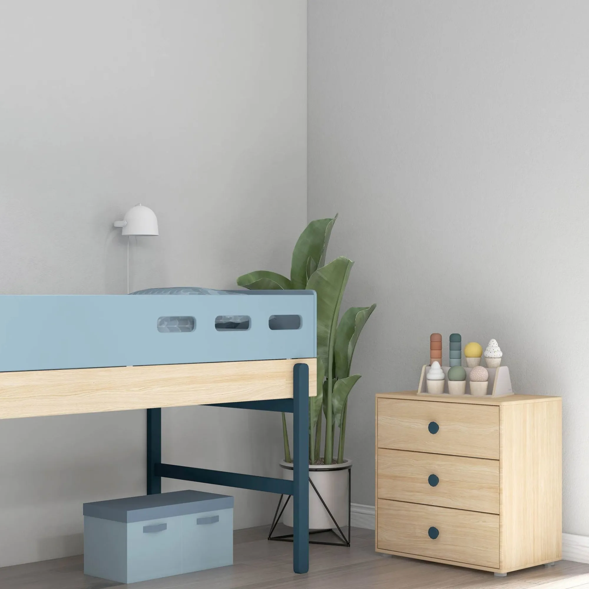Clearance FLEXA Halvhøj Seng Med Trappe Blueberry/Oak