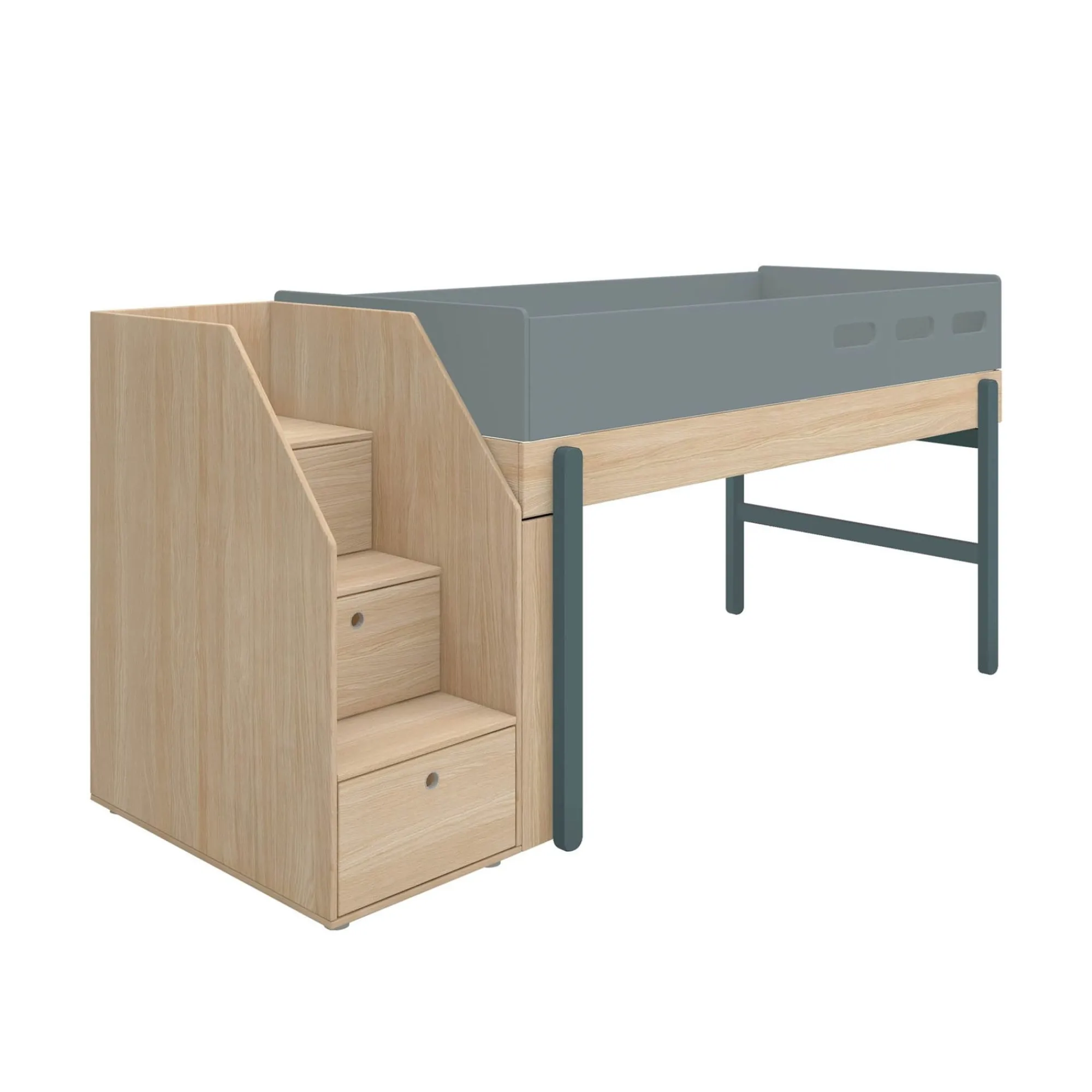 Clearance FLEXA Halvhøj Seng Med Trappe Blueberry/Oak