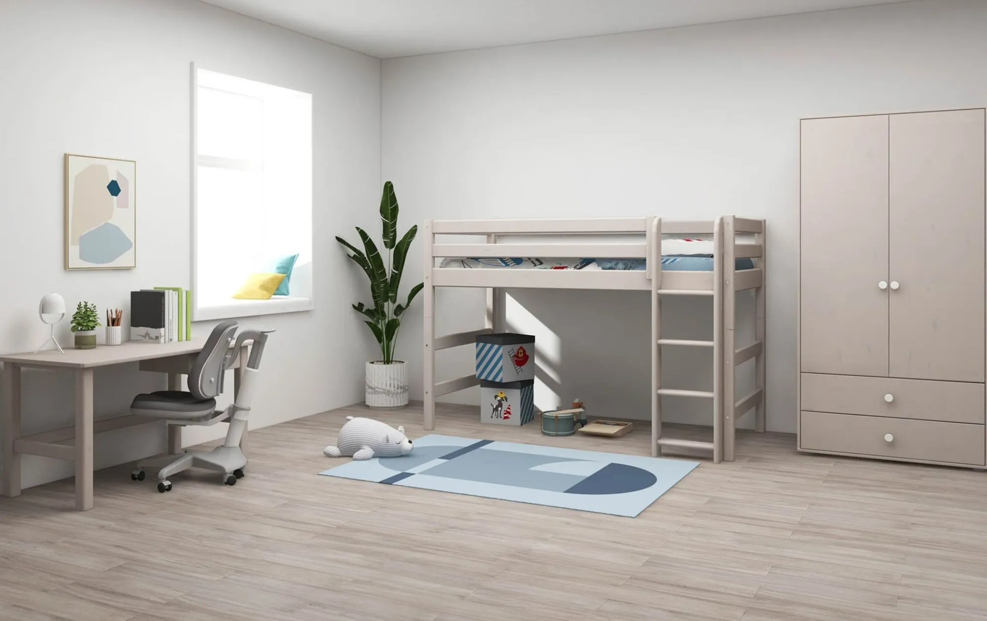 Best FLEXA Mellemhoj Seng Med Lige Stige Grey Washed Pine