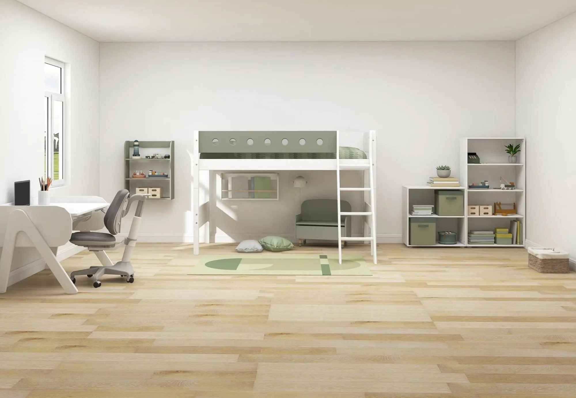 Clearance FLEXA Mellemhoj Seng Med Skra Stige White/Natural Green